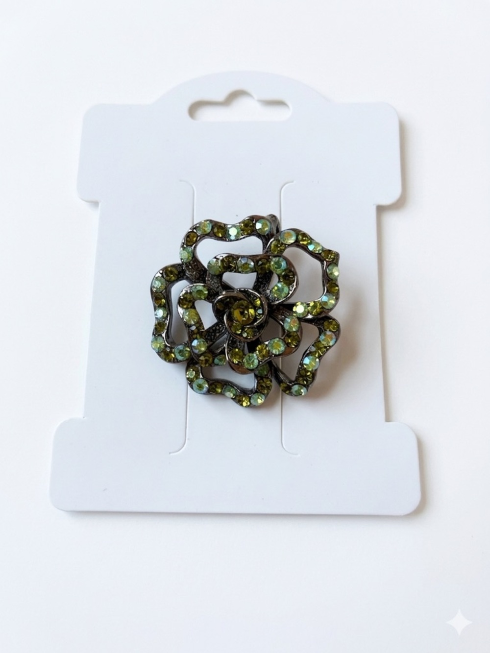 Vintage Peridot Green Rhinestone Flower Brooch | Gunmetal Rosette Pin